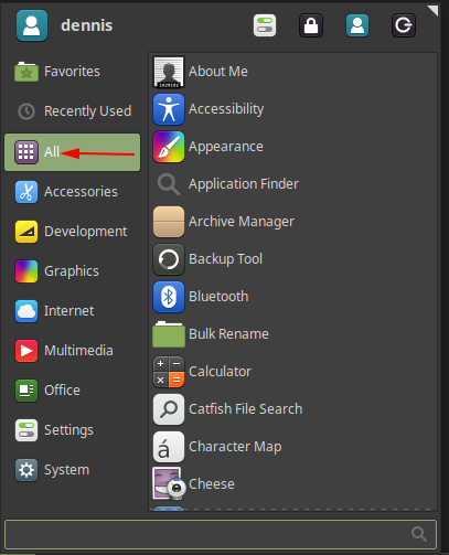 Linux Mint's Application Launcher's All Category